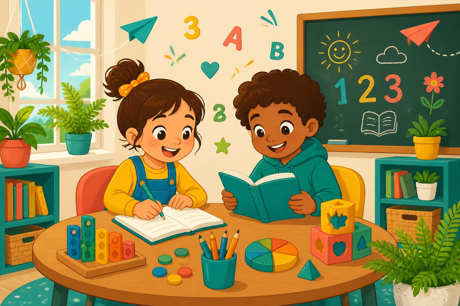 Illustration of two children learning at a round table in Fern's bright tutoring room